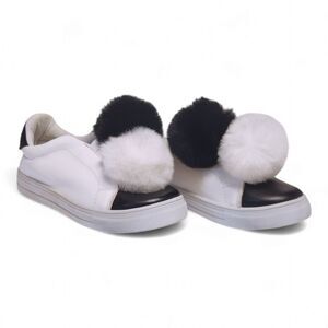 Olivia Miller Pom Pom Shoe, Woman's size 7, Black & White Slip-on, Pre-owned